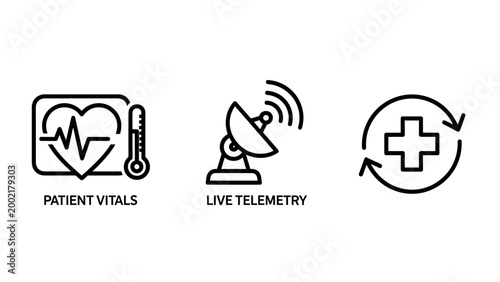Medical monitoring and telemetry flat line icons set with healthcare tech emergency care vital signs heart rate medical data telemetry thermometer emergency healthcare technology hospital