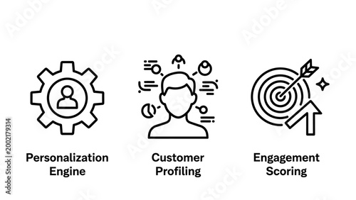 Customer data personalization and marketing engagement icons with strategy planning customer analytics business intelligence data driven optimization tools sales growth scoring system marketing