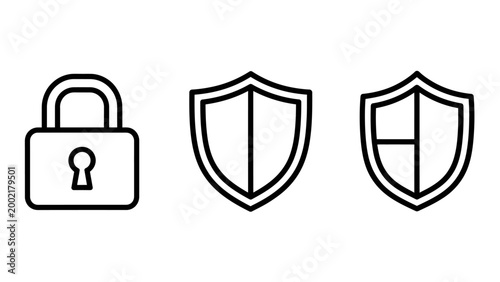 Cybersecurity and data protection icon set including padlock and shield symbols for privacy and safety with security protection internet firewall information technology minimalist authorization