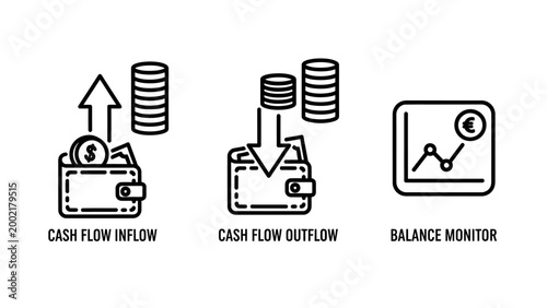 Financial analysis and bookkeeping icons illustrating cash flow inflow and outflow with wallets and coins alongside a balance monitor chart for budget tracking business accounting investment