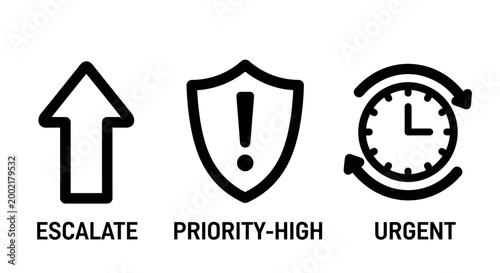 Business workflow management icons representing escalate priority high and urgent status symbols with priority escalate business management workflow deadline exclamation importance attention