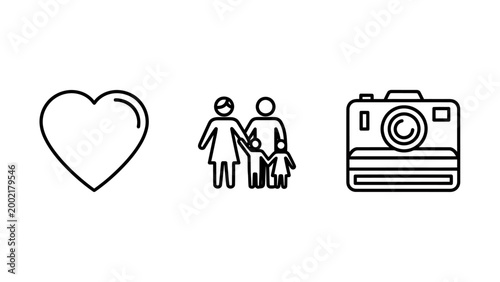 Family love and photography concept line icons set featuring heart symbol family group camera photography relationship children lifestyle illustration abstract happiness togetherness snapshot