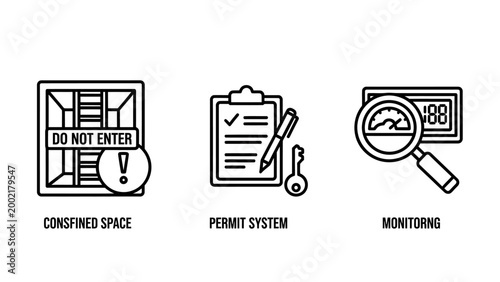 Industrial workplace safety icon set for confined space entry permit systems and equipment monitoring with industrial confined monitoring workplace occupational equipment maintenance regulation