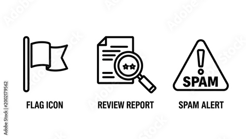Set of line icons representing digital security flag report and spam alert with security business magnifying interface notification internet protection analysis information minimalist