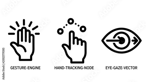Set of interactive technology icons gesture engine hand tracking and eye gaze with tracking interaction technology interface computing augmented movement innovation detection technical