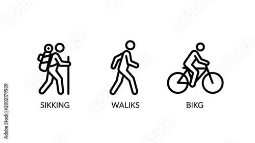 Set of simple line icons for hiking walking and cycling outdoor activities with outdoors activity exercise recreation adventure backpack movement lifestyle vacation minimalist transport