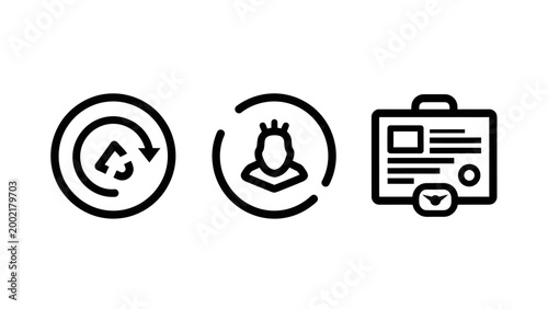 Set of data management and user profile icons with management identity documentation certificate information business settings download personal database verification paperwork interface