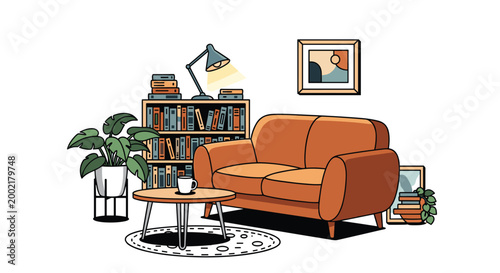 Inviting living room decor, featuring a comfortable two-seater sofa, a round coffee table, a desk lamp, a bookshelf filled with books and plants, and framed wall art.