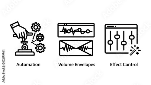 Audio production automation and effect control interface outline icons set with automation envelopes production engineering interface software settings adjustment waveform technology