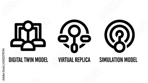 Digital twin and virtual replica simulation model technology line icons set with simulation technology innovation engineering computer development analytics automation manufacturing abstract