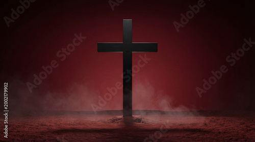 A solemn Christian cross stands against a red, smoky background, symbolizing faith, sacrifice, and hope