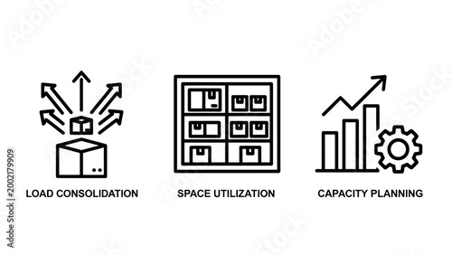 Load consolidation space utilization and capacity planning logistics icons with logistics warehouse transport shipping distribution planning capacity management optimization business