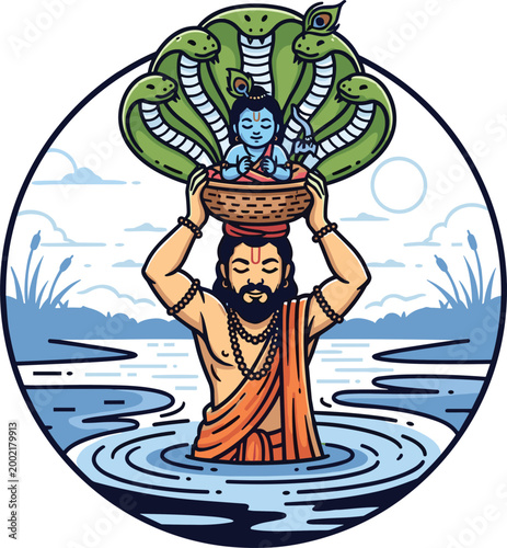 Vasudeva crossing the river with baby Krishna protected by Sheshnag snake