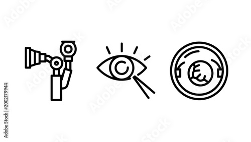 Medical diagnostic eye examination set of vector line icons with eye care eye exam health care optical test optometry icons clinic tools vision check ophthalmology diagnostic optometry