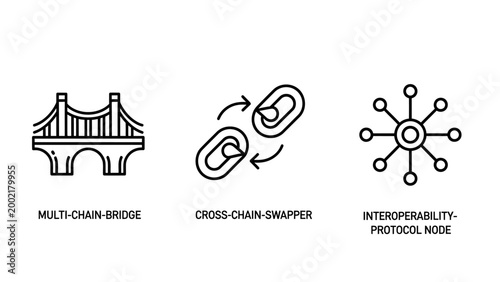 Blockchain technology and multi-chain bridge interoperability icons with blockchain interoperability protocol decentralized technology transfer connection currency information communication