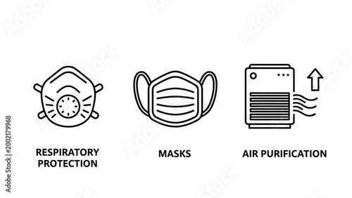 Safety and protection equipment icons including respiratory protection face masks and air purification systems with respiratory protection purification breathing pollution sanitation equipment