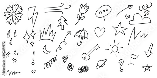 doodle icon set black outline, hand drawn sketch icons minimal, abstract symbol collection