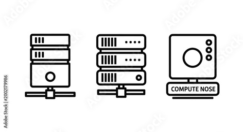 Data center server and compute node line icons with computing technology infrastructure hardware internet database graphics communication management information mainframe enterprise