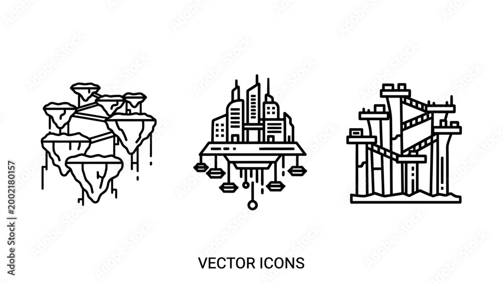 Naklejka premium Futuristic city architecture and floating structures set in line art style with architecture building floating futuristic structure construction metropolis infrastructure development abstract