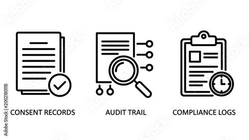 Data governance and regulatory compliance icons featuring consent records audit trail and logs compliance governance document business security regulation management corporate reporting