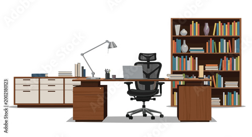 Sophisticated executive home office, featuring a spacious wooden desk with a laptop, an ergonomic chair, a tall bookshelf, and a low storage cabinet.