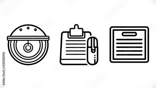 Set of business and technology icons including sensor clipboard and documents clipboard document technology business management reporting analysis monitoring automation hardware workflow