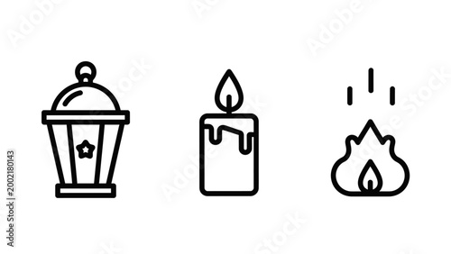 Set of religious and celebration icons including lantern candle and fire with celebration religion tradition spiritual illustration ornament religious ceremony decoration traditional