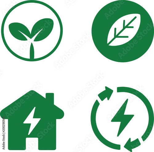 Green ecofriendly conservation icons representing growth and energy