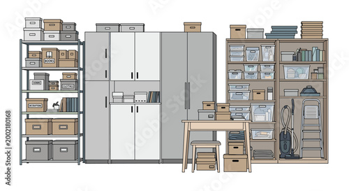 Comprehensive and efficient storage and utility room, featuring tall modular cabinets, extensive metal shelving units, a work table, and numerous organized boxes and cleaning items.