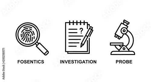 Forensic investigation tools and microscope research icons set with forensics investigation microscope research fingerprint magnifying notebook laboratory discovery analysis evidence
