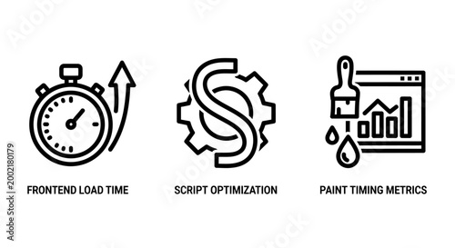 Website performance and script optimization diagnostic icons with performance optimization frontend development analysis rendering efficiency software programming technical internet