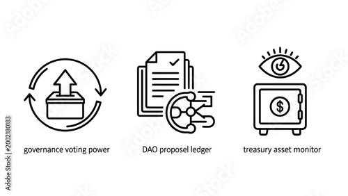 Governance voting power and institutional financial asset monitoring icons with governance proposal financial security business corporate management decision document contract authority
