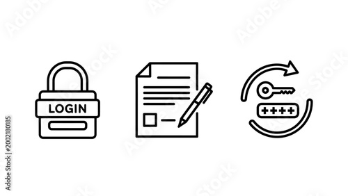 Set of cybersecurity and authentication line icons featuring login padlocks and password reset symbols security password cybersecurity authentication protection encryption internet technology