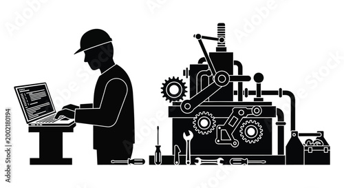 engineer working with laptop and machinery silhouette high quality professional detailed modern elegant stylish clean crisp vibrant colorful digital creative innovative