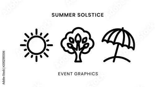 Summer solstice event icons set sun tree and beach umbrella with solstice umbrella graphics seasonal vacation minimalist collection pictogram template illustration background isolated