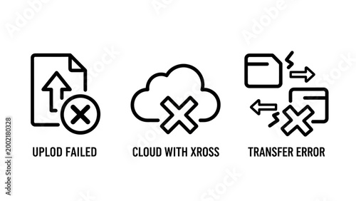Network upload and data transfer failure icon set with transfer connection interruption technology computing internet collection minimalist business information communication