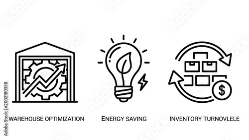 Logistics and energy efficiency icons including warehouse optimization lightbulb and inventory turnover with warehouse optimization logistics efficiency inventory turnover business management
