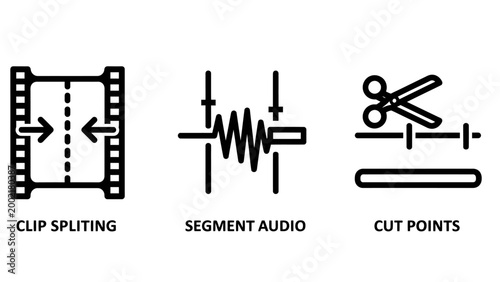 Editing and audio processing tools outline icons with post production splitting segments production waveform scissors sequence trimming software interface minimalist multimedia creative