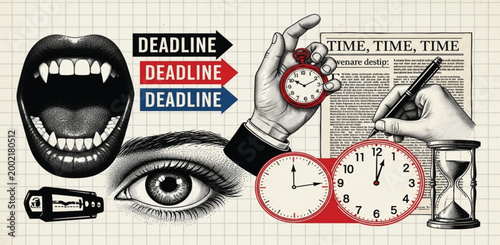 Deadline Time Management Collage with Clocks Stopwatch Eye Newspaper and Stress Symbols for Urgent Work Concept Design