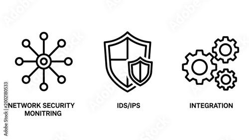 Cybersecurity and network infrastructure technology line icons with security monitoring integration technology protection internet connection firewall software infrastructure business