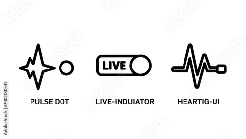 Live status and pulse monitoring interface icons with monitoring indicator heartbeat interface activity streaming broadcasting connection technology communication realtime transmission