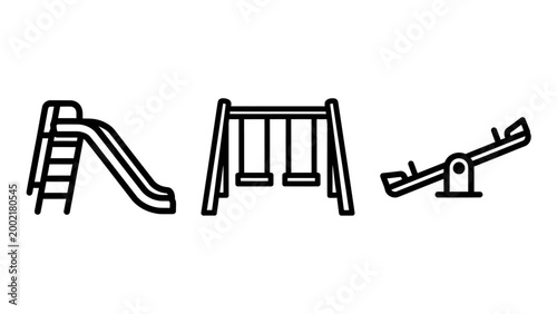 Children playground equipment line art vector icons with playground children recreation activity equipment childhood structure entertainment recreational lifestyle exercise physical