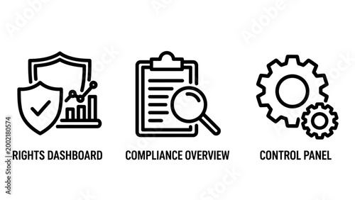 Business compliance and digital management icons set with business management compliance dashboard security magnifying settings corporate analysis strategy organization administration