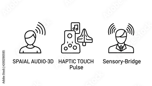 Spatial audio and sensory haptic technology icons with technology vibration connection innovation experience communication interaction frequency perception advanced interface software