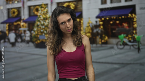 Fotografie Woman points finger gun to side of head on street with festive building facades and parked bicycles; despair