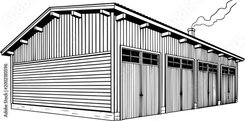 Black and white line of a multi-bay garage with smoke from chimney building structure
