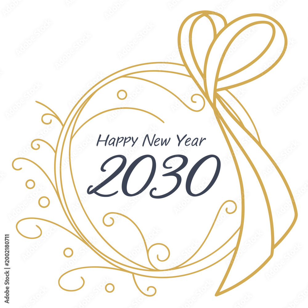 Obraz premium Gold ribbon and wreath with happy new year 2030 text line art