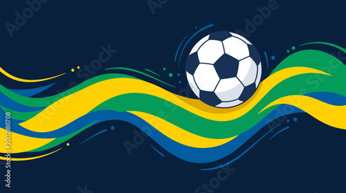 Soccer ball on abstract wavy background with brazilian flag colors