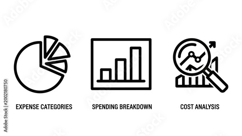 Financial expense analysis and spending breakdown icons with spending analysis financial business accounting management investment statistics commerce corporate planning calculation