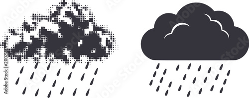 Dark gray rain cloud pixelated, solid, falling drops weather storm precipitation